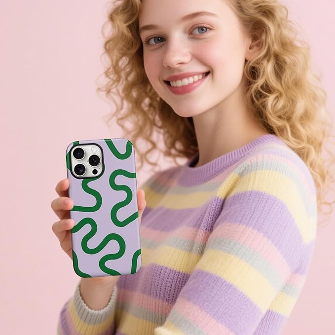 Magnetic for iPhone 16 Pro Max Case Cute Curved Stripes Phone Case, Shockproof Slim TPU and Hard PC Protective Phone Cover Compatible with MagSafe Designed for Women Girls,Green