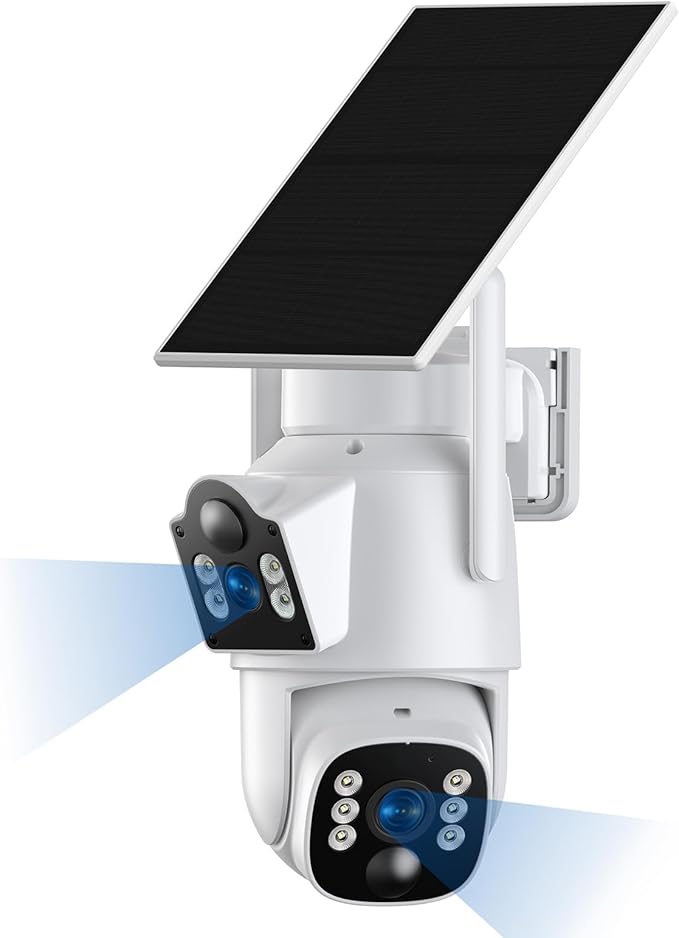 Camcamp Dual Lens Solar Security Cameras Wireless Outdoor System, 1 Camera (2 Views), 2.4/5 GHz WiFi, 2K Color Night Vision, 2-Way Audio, APP Remote, 0 Monthly Fee (1PC-Camera)