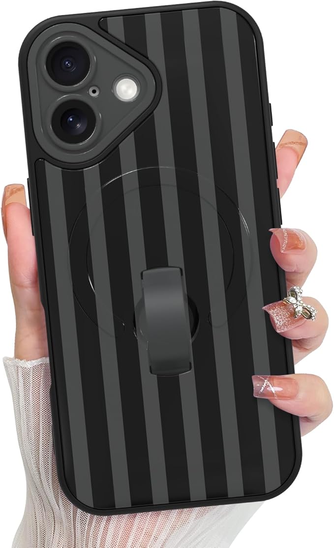 KANGHAR Compatible with iPhone 17 Case, Support for MagSafe, Silicone Stripes Cute Pattern, Wristband Kickstand Camera Protection Soft Slim Cover for Girls Women -Black