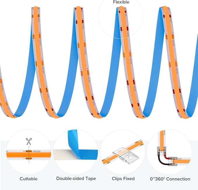 COB Orange LED Strip Light DC12V Flexible High Density Uniform Bright 480LEDs/m Strips 16.4FT CRI90+ 8MM Width Dimmable COB LED Tape for Cabinet Indoor Decor(No Adapter/Controller)