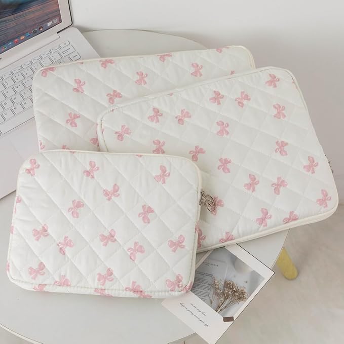 Cutecore Bow Puffy Quilted Laptop Sleeve Y2K Preppy Tablet Protective Case Girly Coquette Aesthetic Notebook Pouch (Pink,15 inch)