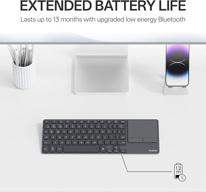 Rapoo Portable Wireless Keyboard with Touchpad, Multi-Device HTPC Keyboard for PC-Connected TV/Tablet/Steam Deck/Gaming Console/Raspberry Pi/Mini PC - Support Touch Gestures for Windows & Mac, Black
