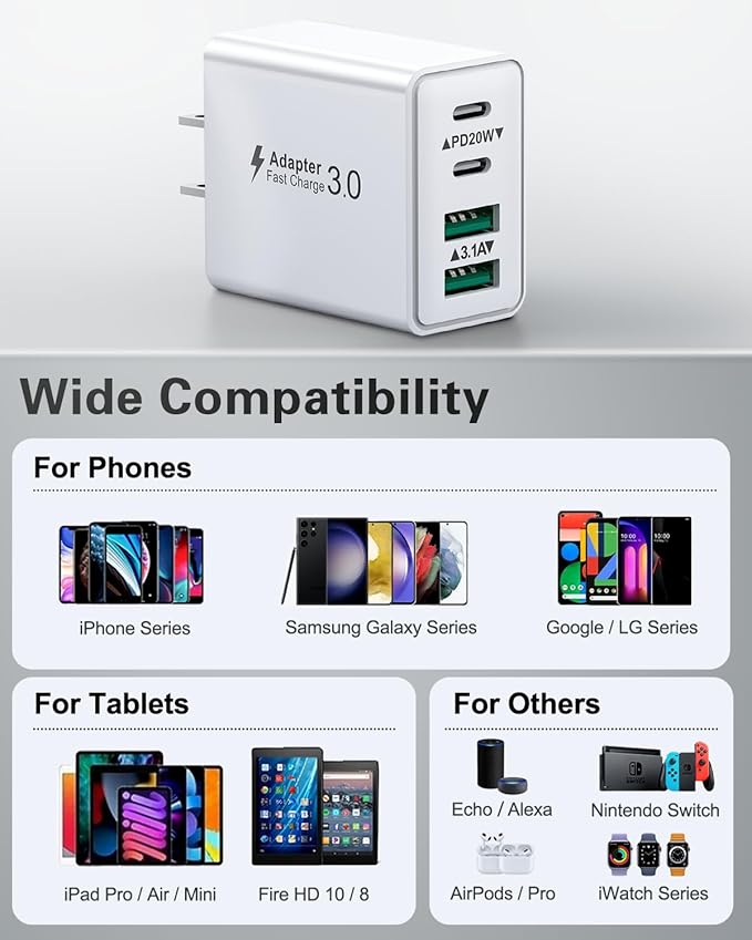 USB C Charger Block, 2Pack 40W 4-Port Type C Fast Charging Block Dual PD Power Adapter+QC Plug Double Wall Charger Blocks Multiple USBC Charging Cube for iPhone 17 16 15 14 13 12 11 Pro Max, Samsung