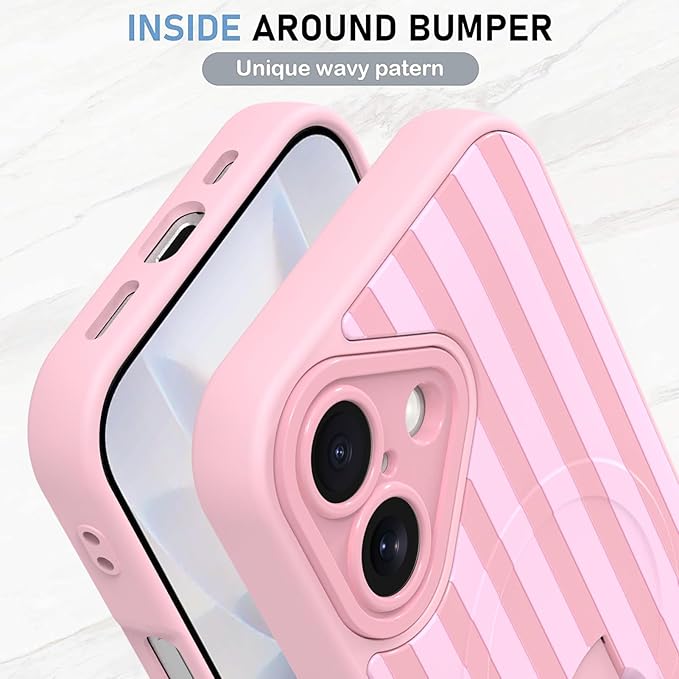 KANGHAR Compatible with iPhone 17 Case, Support for MagSafe, Silicone Stripes Cute Pattern, Wristband Kickstand Camera Protection Soft Slim Cover for Girls Women -Pink