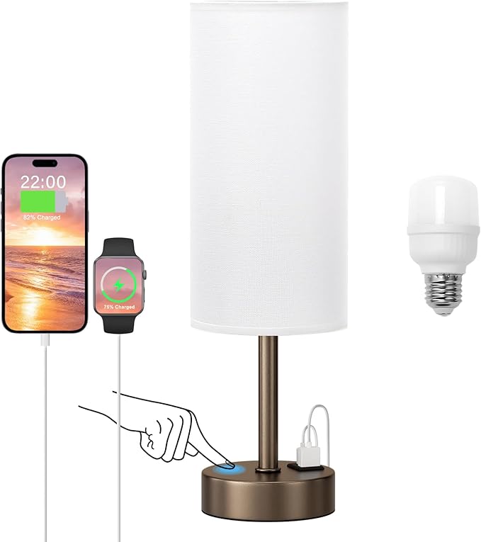 Dicoool Bedside Touch Table Lamps for Bedroom Nightstand with USB-C USB-A Charging Ports, White & Brown 3 Way Dimmable Small Desk Lamp for Office, Living Room, Reading, Dorm