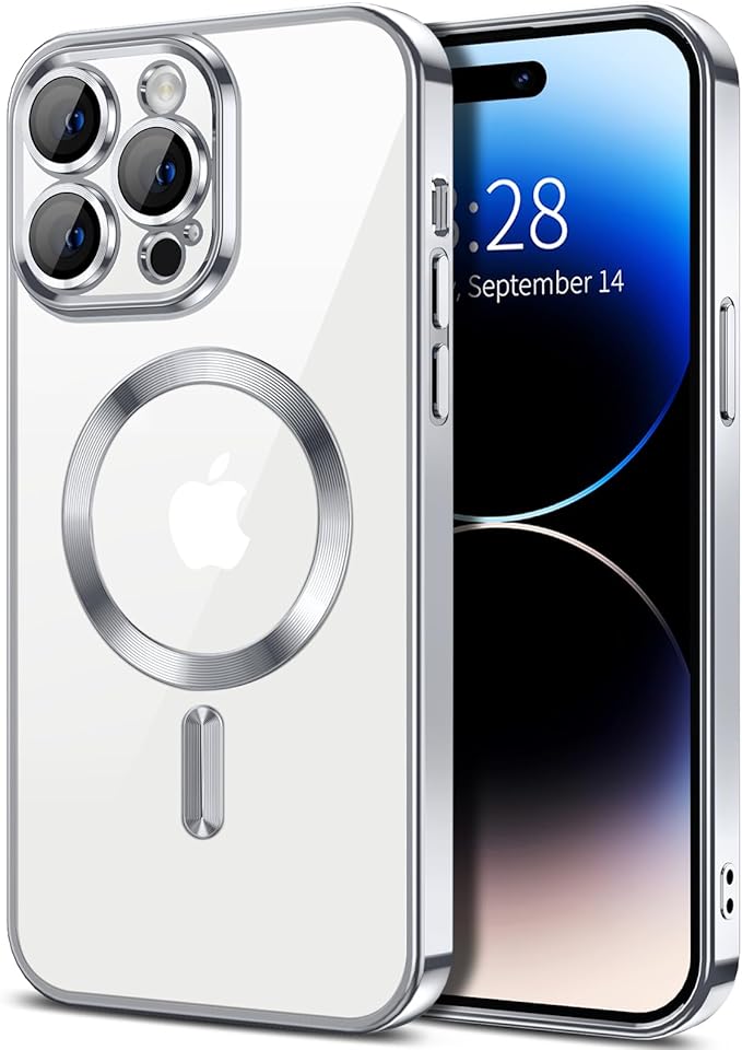 Hython Magnetic Clear for iPhone 14 Pro Max Case with Camera Lens Protector [Compatible with MagSafe] Plating Edge Slim Soft TPU Cover Protective Phone Case for iPhone 14 Pro Max 6.7", Silver