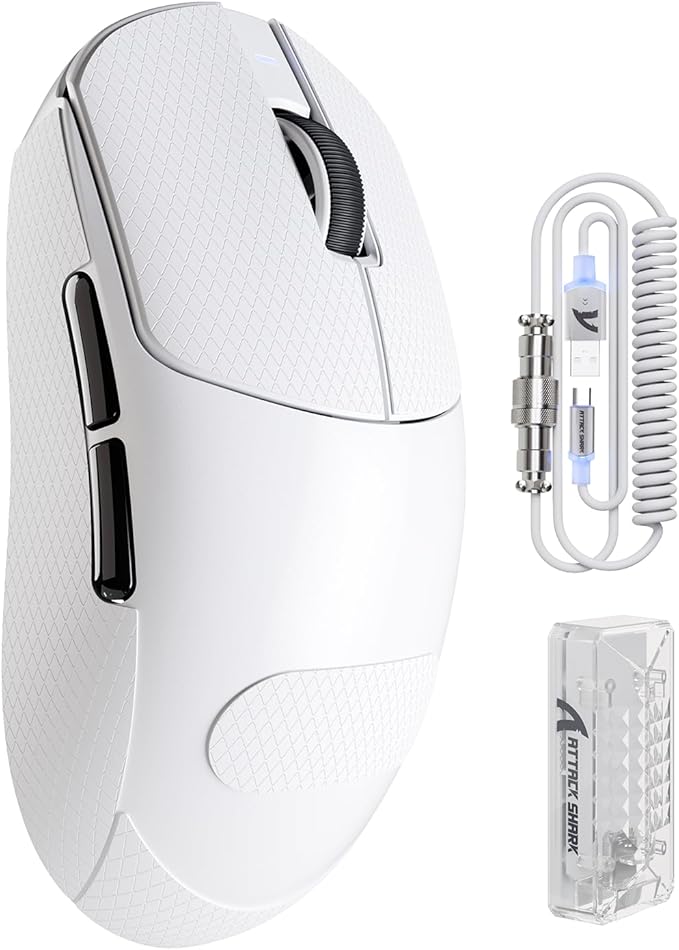 ATTACK SHARK X8 PRO 8K Wireless Gaming Mouse,PAW 3395PRO Sensor,40K DPI,Tri-Mode,55g Ultra-Light,Broadcom 52840 MCU Chip,Programmable Mice with Coiled Cable for PC/MAC/Win-White&Tape