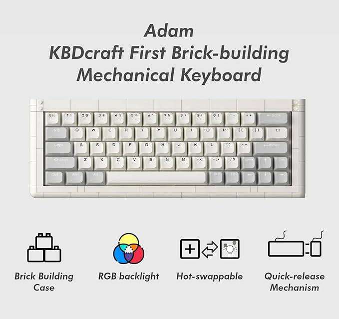KBDcraft 01Adam 60% Mechanical Keyboard, 64-Key ANSI, Lego-Compatible Case, Gasket Mount, Hot-swappable, Wired, Linear Switch, RGB, QMK, Vial for Win/Mac, Full Kit (Grey)