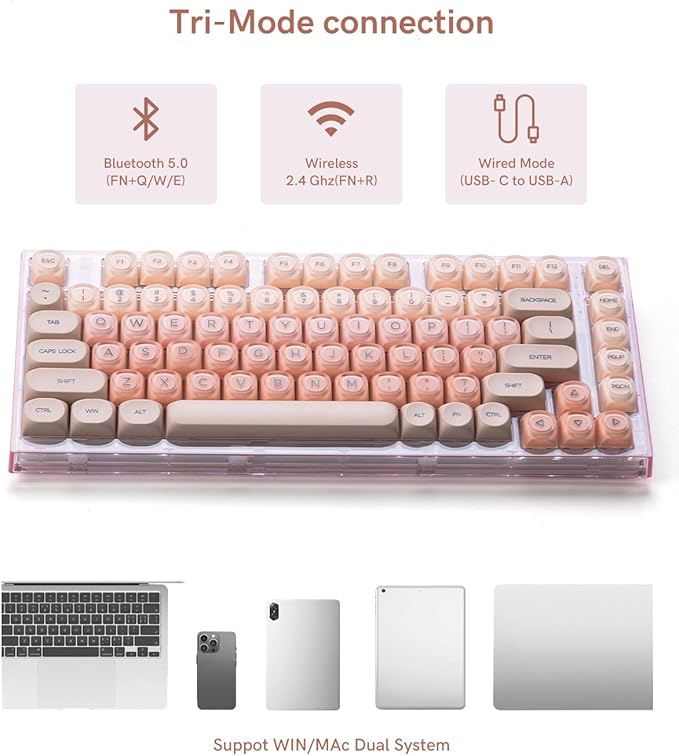 Womier X75 75% Wireless Mechanical Keyboard, Hot Swappable Computer Creamy Keyboard, Foundation Jelly Keycaps, Pre-lubed Switches Gasket Mount RGB Backlit Gaming Keyboards for Win/Mac, Pink