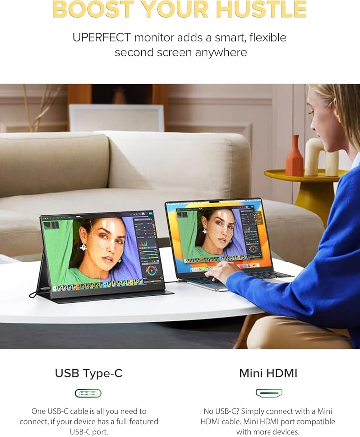 UPERFECT 4K Portable Monitor, 14.5" UHD 3840x2400 Laptop Display with Smart Cover, 16:10 Matte IPS Screen, 125% sRGB, 1.06 Billion Colors, 600 Nits Brightness, Metal Frame for PC/Mac/Phone