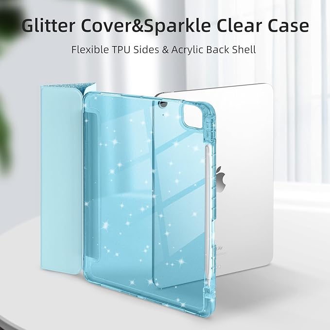 Case for iPad Air 13 Inch (M4/M3/M2, 2026/2025/2024) & iPad Pro 12.9 6/5th Gen (2022/2021), Glittering Sparkly Cover with Shiny Clear Back Shell, Trifold Stand Case with Pencil Holder, Blue