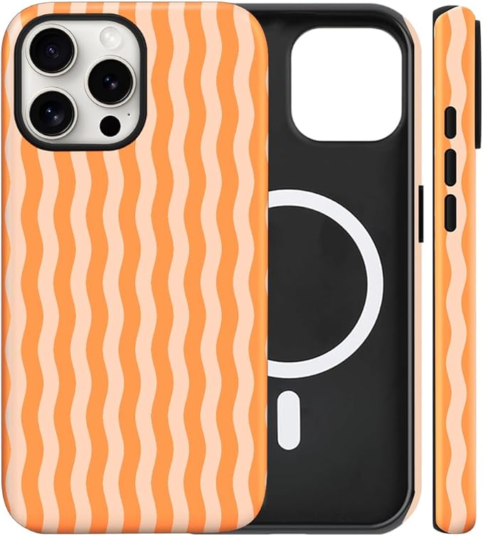 Magnetic for iPhone 15 Pro Case Cute Wavy Stripes Phone Case, Shockproof Slim TPU and Hard PC Protective Phone Cover Compatible with MagSafe Designed for Women Girls, Orange