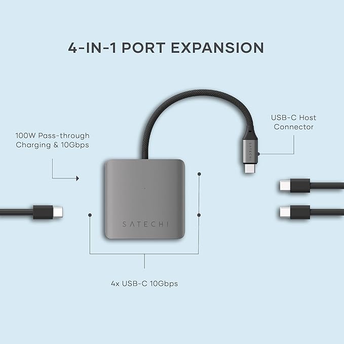 Satechi USB-C Hub: 4-in-1 with 100W Pass-Through & 10Gbps USB 3.2 for MacBook, iPad, Surface, Chromebook & More
