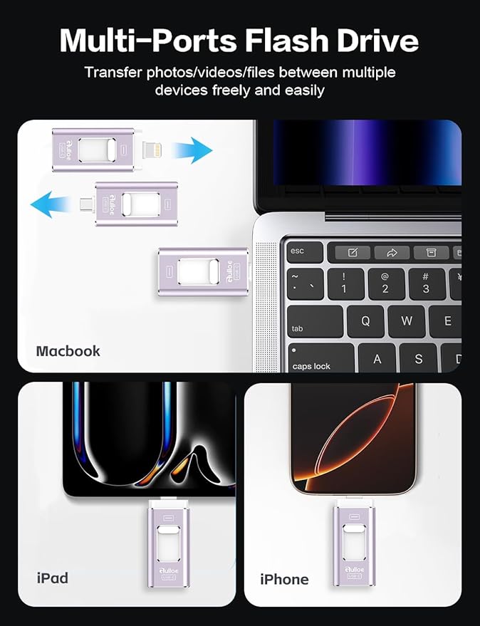 Gulloe 512GB Dual Interface Flash Drive for Phone Storage Photos Videos, Phone USB Backup External Photo Memory Stick - No App Required, Compatible with iPhone, iPad, Android & PC (Lavender Purple)