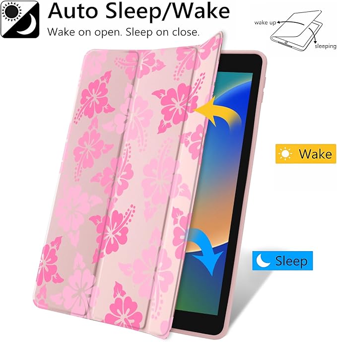 JOYLAND Pink Hibiscus Flower Pattern Case for iPad Air 11 Inch M3(2025) / M2(2024), iPad Air 5th(2022) / 4th (2020) Gen 10.9 Inch, Clear Hard Back Case with Pencil Holder Trifold Stand Tablet Cover