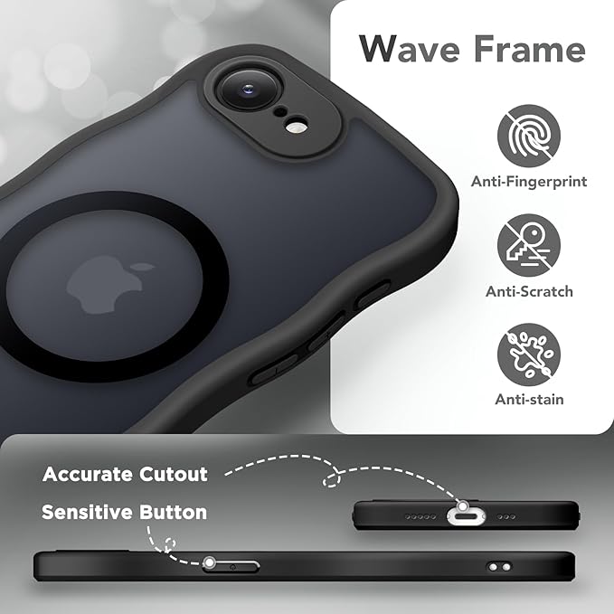 CAPRARO for iPhone 16e Case for Women Girls, Upgraded [Full Camera Protection] [Compatible with MagSafe] Cute Wave Translucent Matte Phone Case for iPhone SE 4 6.1-Inch, Black