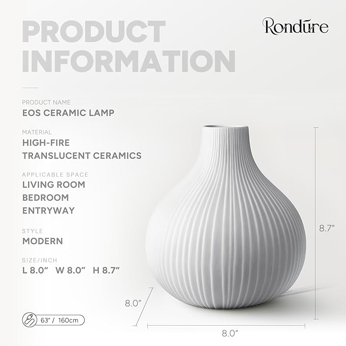 RONDURE 8.7" Modern Ceramic Table Lamp, Fully Dimmable Modern Bedside Lamps for Bedroom, Living Room and Nightstand, White Translucent Ceramic Shade, Warm Ambient Lighting, Corded, Bulb Included