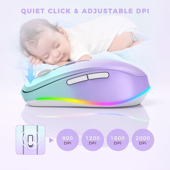 PEIOUS Wireless Mouse Jiggler - LED Wireless Mice with Build-in Mouse Mover, Rechargeable Moving Mouse for Laptop with Undetectable Random Movement Keeps Computers Awake - Purple to Green