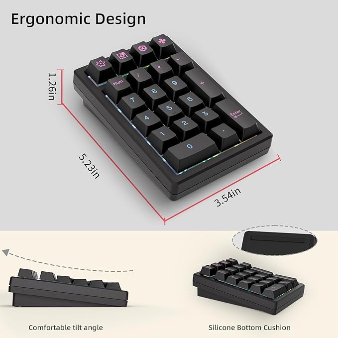 BOYI TD21 Hot Swap Numpad,21 Keys Mini Numpad Portable Keypad Bluetooth5.0/2.4G/Wired Number Pad Keyboard PBT Keycaps RGB Backlit Type-C Mini Keyboard (Cool Black Cherry Keycaps)