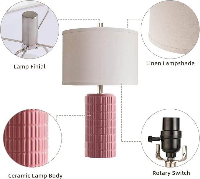 AIEAMPDO 23" Set of 2 Pink Ceramic Table Lamp for Living Room Bedroom, Modern Farmhouse Nightstand Desk Lamps for Dining Room Dresser End Table Entryway, 2 LED Bulbs Included