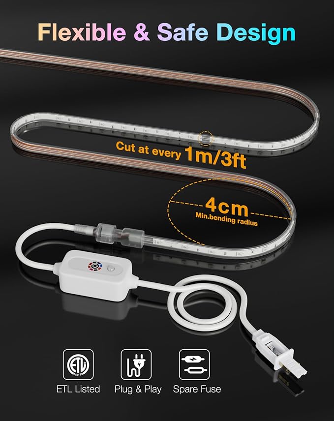 Shine Decor 120V RGB LED Strip Light Remote Control, Cold Resistant IP65 Waterproof Outdoor Strip Lighting Color Changing, Connectable Lite Multicolor Lighting Strip 7x13mm,82 FT 750 LEDs ETL Listed