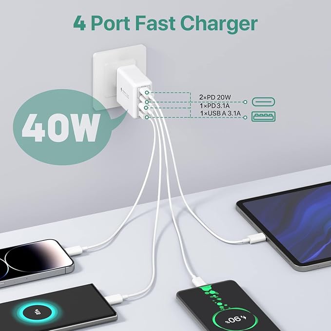 [2 Pack] 40W USB C Charger, 4-Port USB C Charger Block Fast Charging Block PD+QC Wall Plug Type C Charging Plug Compatible with iPhone 11/12/13/14/15/Pro Max/Smartphones/Tablet and Other USB Devices