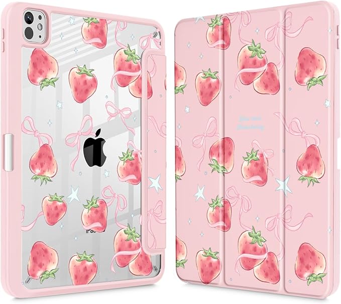 May Chen Case for iPad Pro 11-Inch M5/M4 2025/2024 (6th/5th Generation), Clear Transparent Print Back Shell Slim Stand Shockproof Tablet Cover, Auto Wake/Sleep, Bow Strawberry