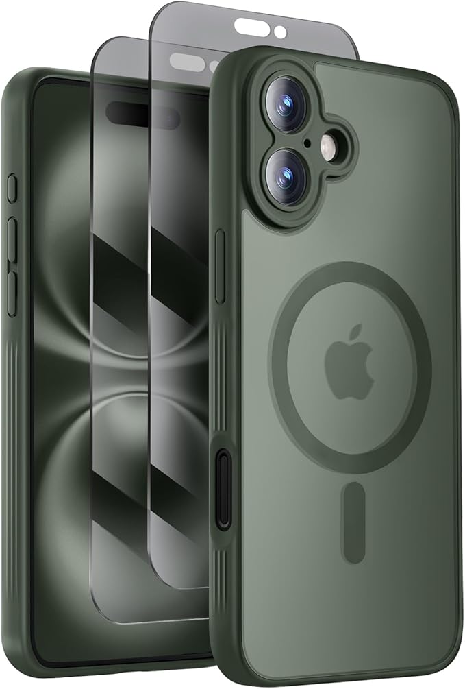 Symcele Designed for iPhone 16 Case, Compatible with MagSafe, with Privacy Screen Protectors X2, [Camera Protection] [15FT Military Drop Protection] Shockproof Phone Case, 6.1", Alpine Green