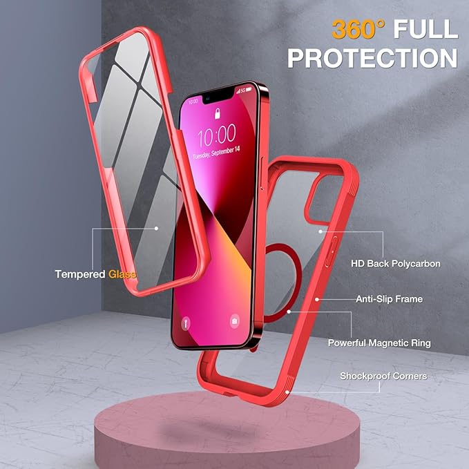 Miracase for iPhone 13 mini Case 5.4",Full-Body Protection,Clear Bumper Case with Built-in 9H Tempered Glass Screen Protector,Military-Grade Drop Protection Outdoor Phone Case for iPhone 13 mini,Red