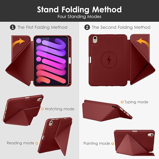 DTTO Case for iPad mini 7 (A17 Pro) 2024 / iPad mini 6 2021 8.3 inch with Pencil Holder, Multi-Angle Magnetic Standing Cover for iPad mini 7th/6th Generation [Auto Wake/Sleep], Burgundy Red