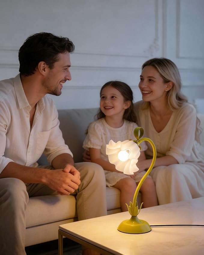 WERFOP Flower Table Lamp, LED Reading Light Vintage Bedside Table Lamp with 3 Color Modes for Nightstand, Kawaii Decoration for Home Bedroom Living Room (Yellow)