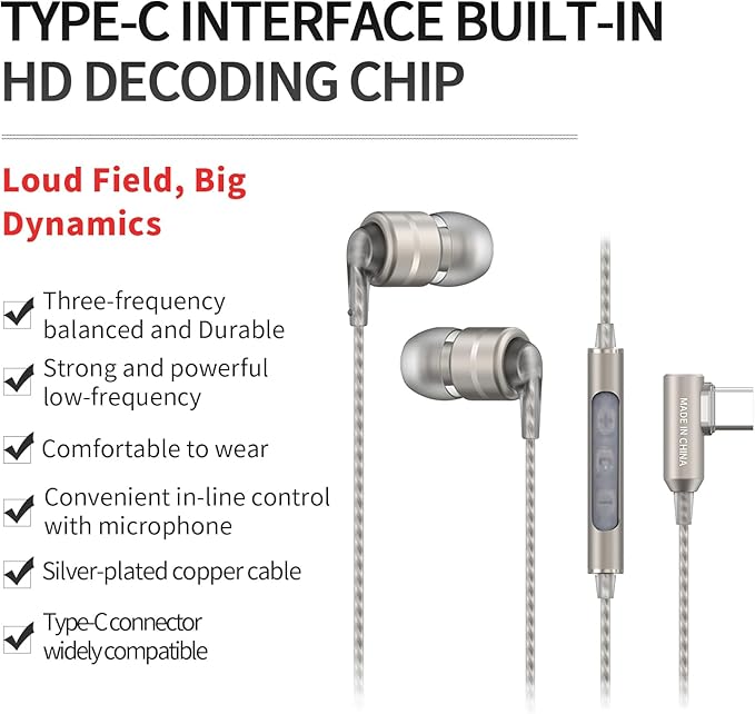 SoundMAGIC E80D Digital USB C Headphones - Type C Wired Earbuds with Microphone HiFi Stereo Earphones Powerful Bass Noise Isolating Compatible with Android Device, Gunmetal