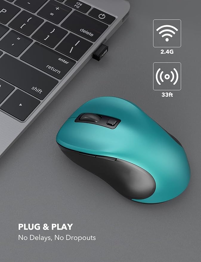 Trueque Wireless Mouse for Laptop, 2.4GHz Ergonomic Computer Mouse with Back & Forward Buttons, 3 Adjustable DPI Levels, 6 Buttons, Optical USB Cordless Mice for Windows PC, M01(Teal)