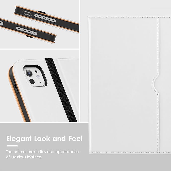 VIKESI Case for iPad Pro 13-inch M5 or M4 Released in 2025 or 2024, Leather Stand Cover with Apple Pencil Holder, Auto Wake/Sleep, Multiple Viewing Angles, Built in Hand Strap & Pocket,White