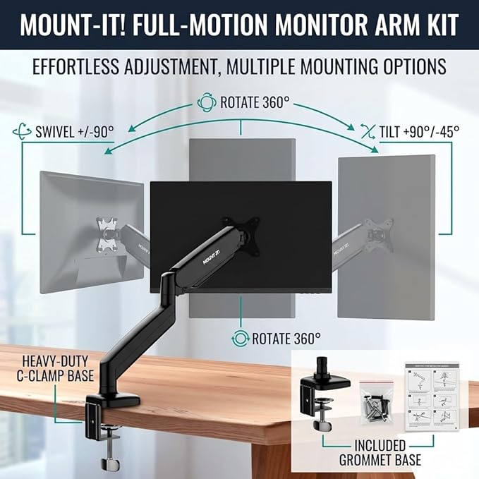 Mount-It! Single Monitor Arm Desk Mount, Gas Spring Monitor Mount, Fits 13–32" Screens up to 17.6 lbs, VESA 75x75 & 100x100, Full Motion Tilt Swivel Rotate, C-Clamp & Grommet Base