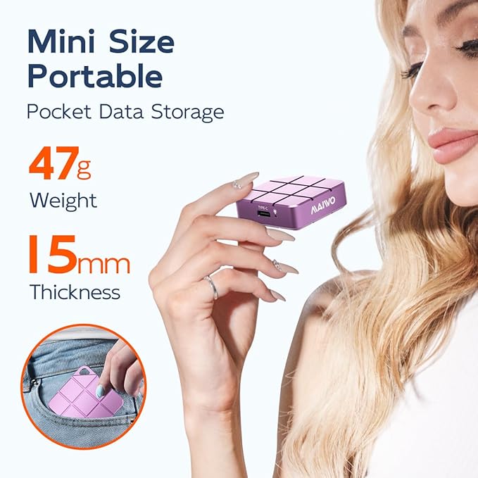 MAIWO 2TB Portable External Solid State Drive Build-in M.2 2230 PCIe NVMe SSD, USB C 3.2 Up to 1050MB/s, Mini Cute PSSD for iPhone 15 16 17 Pro Max MacBook Pro Air, Aluminum (Pinkish Purple)