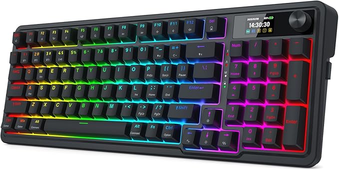 Redragon K719 Wireless Gasket Gaming Keyboard w/Hype Screen & Knob, 95 Keys Mechanical Keyboard, Easy-Control 1.14’’ TFT Info Display, 5-Layer Noise Dampening, Custom Linear Switch, Essential Black