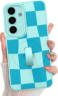 KANGHAR Compatible with Samsung Galaxy S25 Case, Support for MagSafe, Silicone Checkered Cute Pattern, Wristband Kickstand Camera Protection Soft Slim Cover for Girls Women -Blue