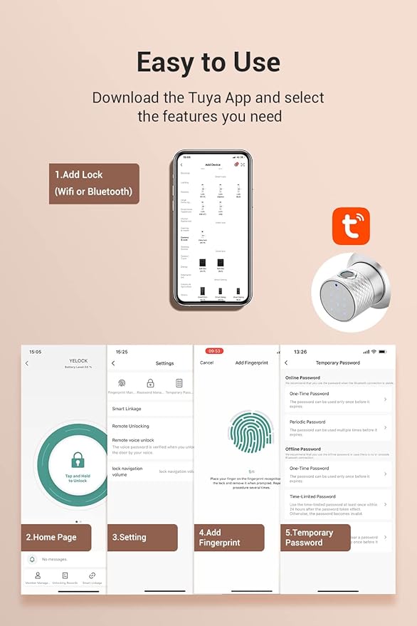 Buoan Big Fingerprint Smart Door Knob, Keyless Entry Door Lock with Handle, with Keyboard, Bluetooth, App, Easy to Install, Suitable for Hotels, Bedrooms, Study, Offices