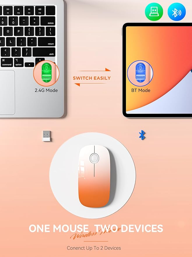 RAPIQUE Bluetooth Wireless Mouse - Dual Connectivity(BT5.1+USB), Ultra Quiet Click & 480-Hour Battery Life,1600 DPI, Portable Cordless Mouse for Mac, MacBook Pro/Air, iPad Pro/Air (Sunrise Orange)