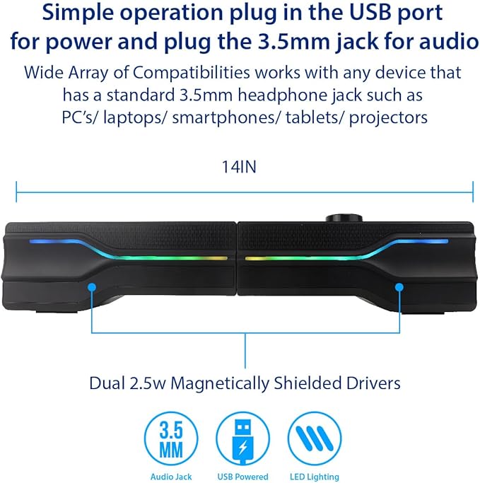 Desktop USB Powered 2-in-1 Soundbar Stereo Speaker, RGB LED Light