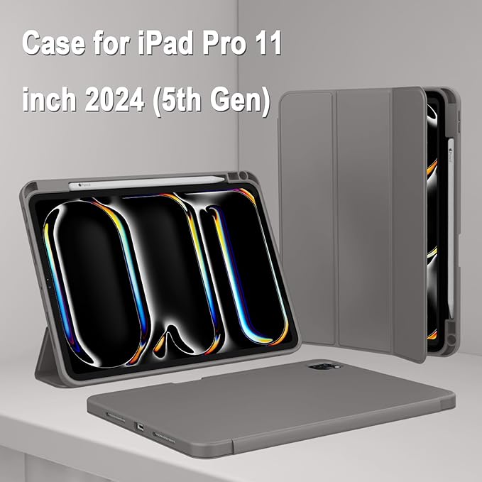ZryXal iPad Pro 11 Inch Case (M5) 2025/ (M4) 2024 (Model: A2836/A2837/A3006), Trifold Stand Smart Cover with Pencil Holder and Soft TPU Back, Auto Wake/Sleep (Space Gray)