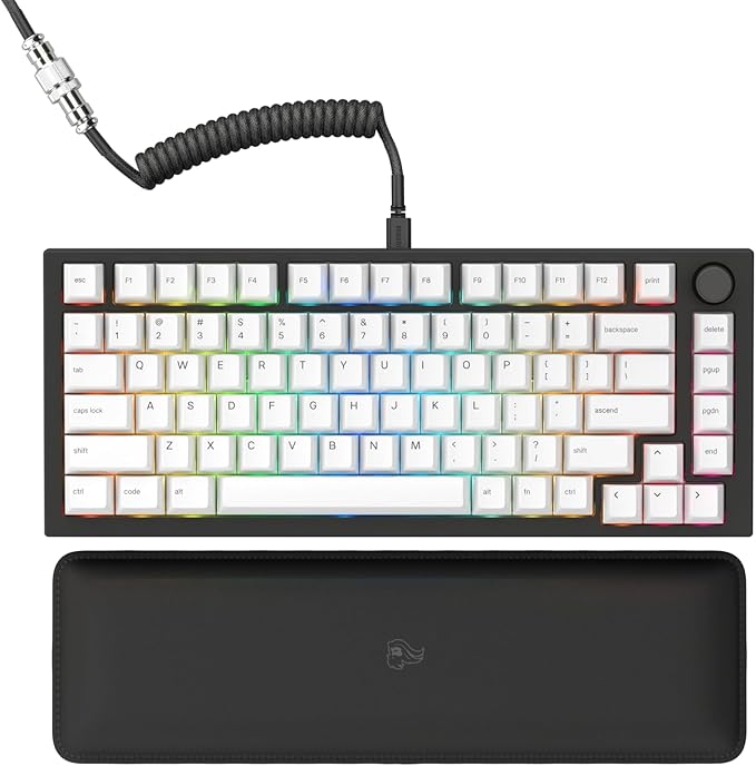 GLORIOUS Gaming GMMK PRO 75% - Modular Mechanical Gaming Keyboard, TKL Size, 1.5kg Frame, Fox Switches, Fully Customizable, Coiled Cable, Wrist Rest, White PBT Keycaps, RGB, QWERTY - Black