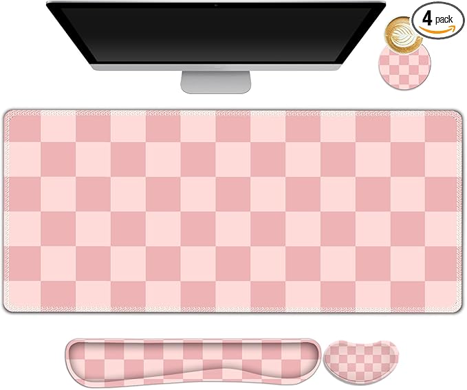 Soft Pink Checkerboard Mouse Pad Set, 4 in1 Ergonomics Keyboard Desk Mat with Memory Foam Wrist Rest, Extended Game Mousepad, Non-Slip Large Gaming Desk Pad Matt Easy Typing Pain Relief