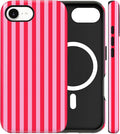Magnetic for iPhone 17e Case Cute Stripes Phone Case, Shockproof Slim TPU and Hard PC Protective Phone Cover Compatible with MagSafe Designed for Women Girls, Red and Pink