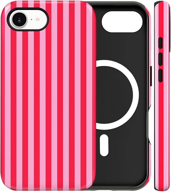 Magnetic for iPhone 17e Case Cute Stripes Phone Case, Shockproof Slim TPU and Hard PC Protective Phone Cover Compatible with MagSafe Designed for Women Girls, Red and Pink