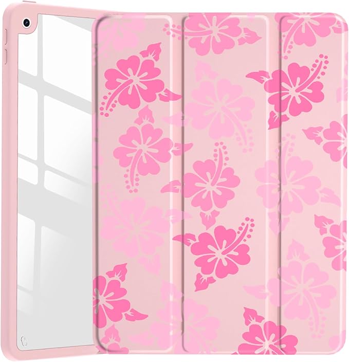 JOYLAND Pink Hibiscus Flower Pattern Case for iPad mini 7th(A17 Pro) 2024 / Mini 6th Generation 8.3" 2021,Clear Transparent Acrylic Hard Back Case with Pencil Holder Trifold Stand Tablet Cover