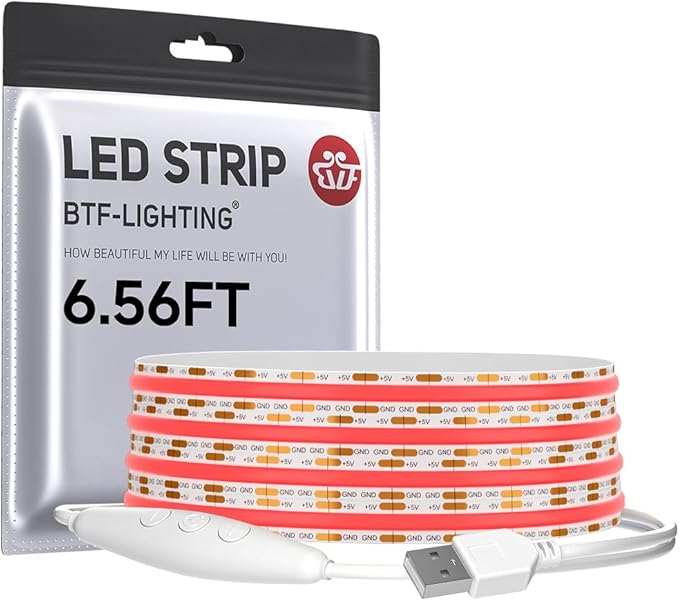 BTF-LIGHTING FCOB COB FOB LED Strip Lights 5V USB Powered 6.56FT 640LEDs Red Color 8mm Width Dimmable CRI 90+ with 3M Tape Flexible High Density for 3D Printer TV Backlight PC DIY Decor