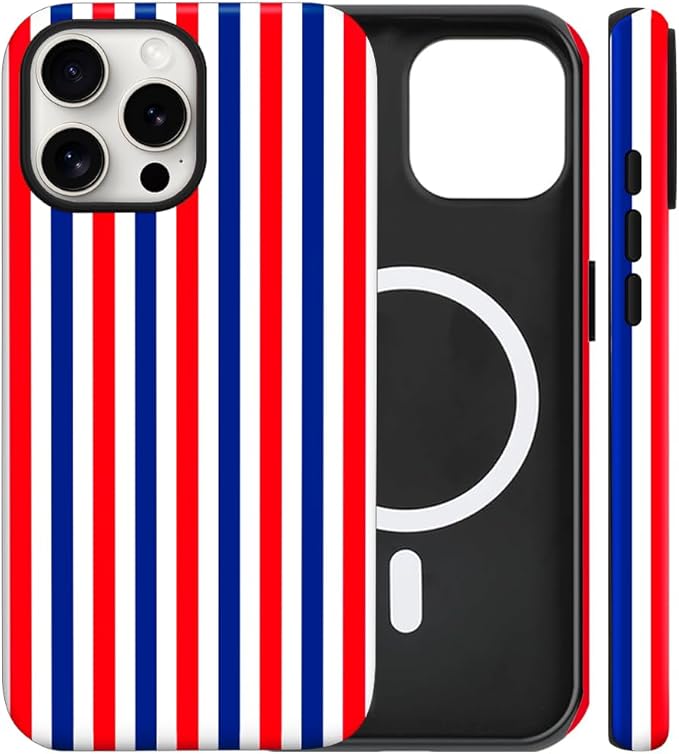 Magnetic for iPhone 13/14 Case Cute Stripes Phone Case, Shockproof Slim TPU and Hard PC Protective Phone Cover Compatible with MagSafe Designed for Women Girls, Red and Blue