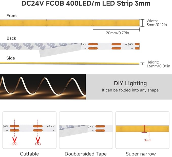 BTF-LIGHTING FCOB COB 3mm Width UL Listed Super Narrow Flexible Uniform LED Strip Light 16.4FT DC24V 6000K CRI 90+ Dimmable LED Ribbon for Kitchen Home Indoor Decor(No Adapter or Controller)